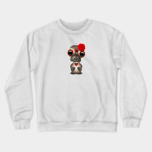 Red Day of the Dead Sugar Skull Baby Platypus Crewneck Sweatshirt by jeffbartels